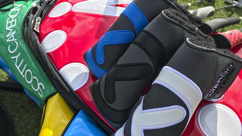 Pop-color Circle T headcovers on our Window Pane staff bag.