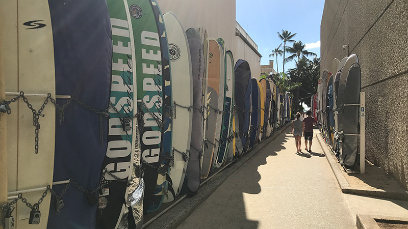 The board racks in Waikiki.