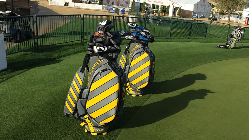 New Scotty Cameron Caution Stripe staff bags on the green at PGA West Stadium Course.