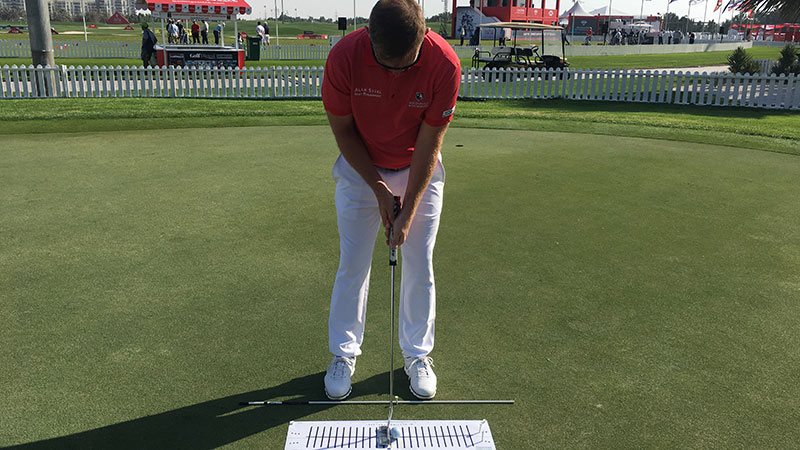 Titleist FPL player Stephen Gallacher, left hand low with a Select Mallet 2 Tour putter.