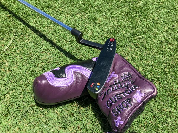 Well-gamed Newport 2 Circle T and Custom Shop Junk Yard Dog purple leather headcover.