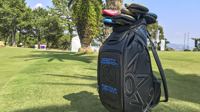 Our Scotty Cameron staff bag filled with Tour putters.