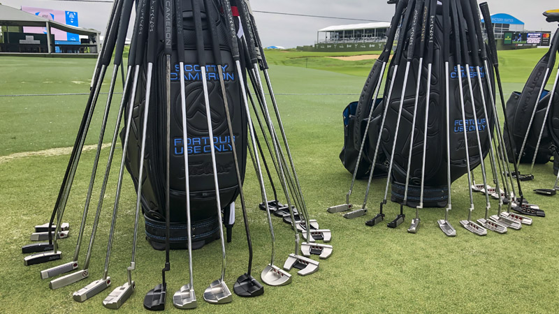 Our staff bag filled with Scotty Cameron Tour putters.