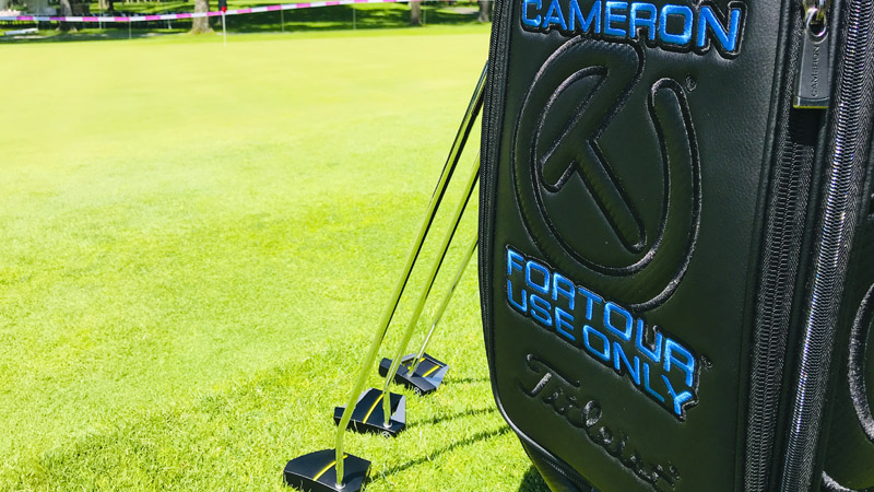 Circle T staff bag with Phantom X putters on display.