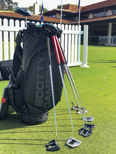 Our Scotty Cameron staff bag on the practice green.