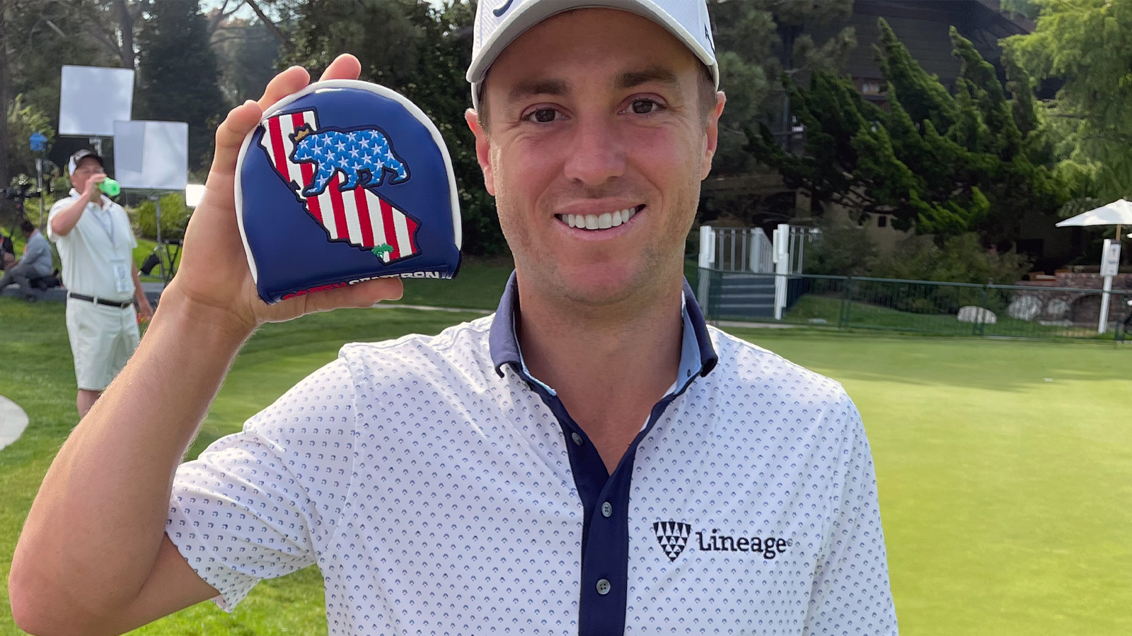 Justin Thomas with his new California Bear Surf & Turf headcover