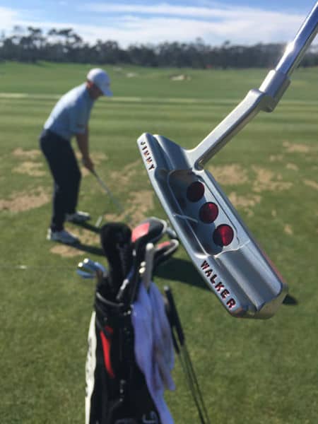 Titleist staffer Jimmy Walker on the range with his Newport 2 in view.