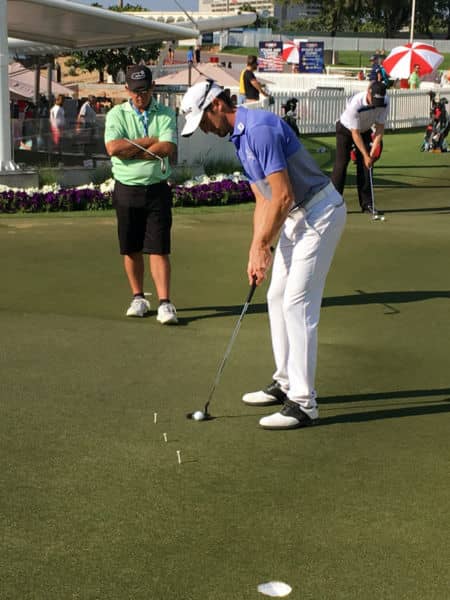 Titleist Brand Ambassador Greg Bourdy at work on the practice surface.