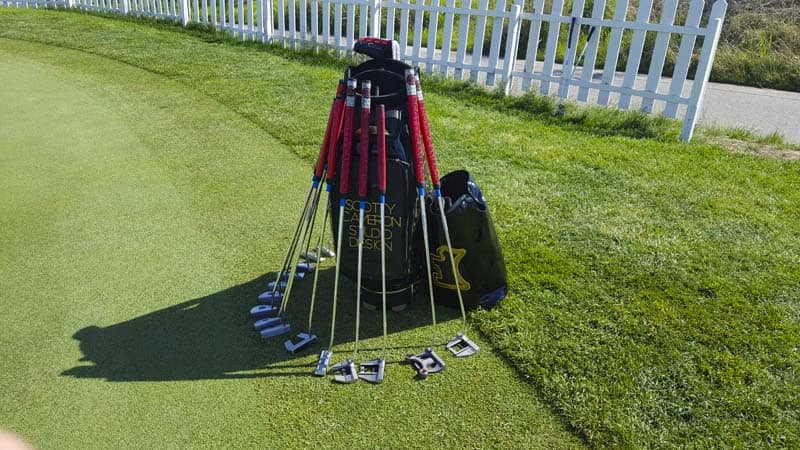 Our Scotty Cameron staff bag on the practice green in South Korea.