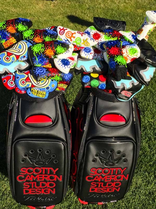Colorful headcovers protect precision milled putters.
