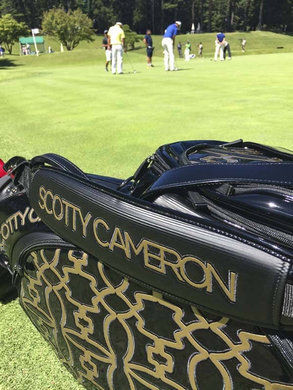 Our Scotty Cameron staff bag on the practice green.
