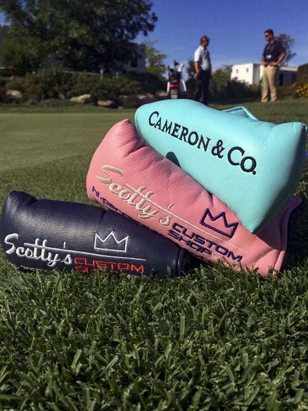 Classic Scotty Cameron headcovers on display at the Deutsche Bank Championship.