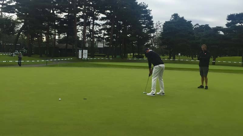 Adam Scott on the Sayama Golf Club's practice putting surface.