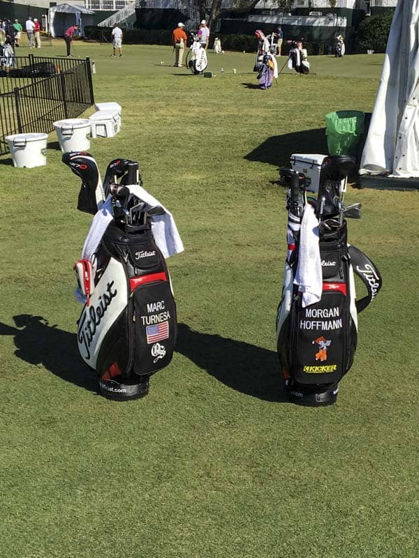 Titleist staff bags containing the tools of the trade for these brand ambassadors.