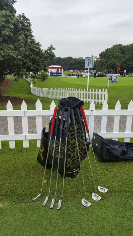 Our Scotty Cameron staff bag on the practice green.
