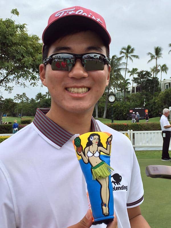 Titleist FPL player Michael Kim is excited about receiving his Hula Girl headcover.